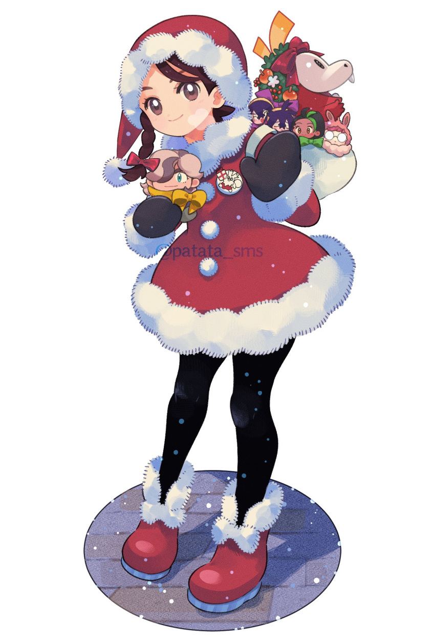 1girl, alternate_costume, arven_(pokemon), black_mittens, black_pantyhose, boots, bow, braid