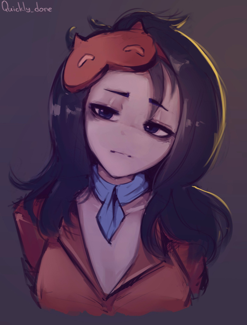 1girl, artist_name, closed_mouth, commentary, cropped_torso, expressionless, grey_background, hashtag-only_commentary, highres, long_hair, looking_at_viewer, miside, mita_(miside), purple_hair, quickly_done, red_sweater, simple_background, sleep_mask, sleepy_mita_(miside), solo, sweater, upper_body, violet_eyes