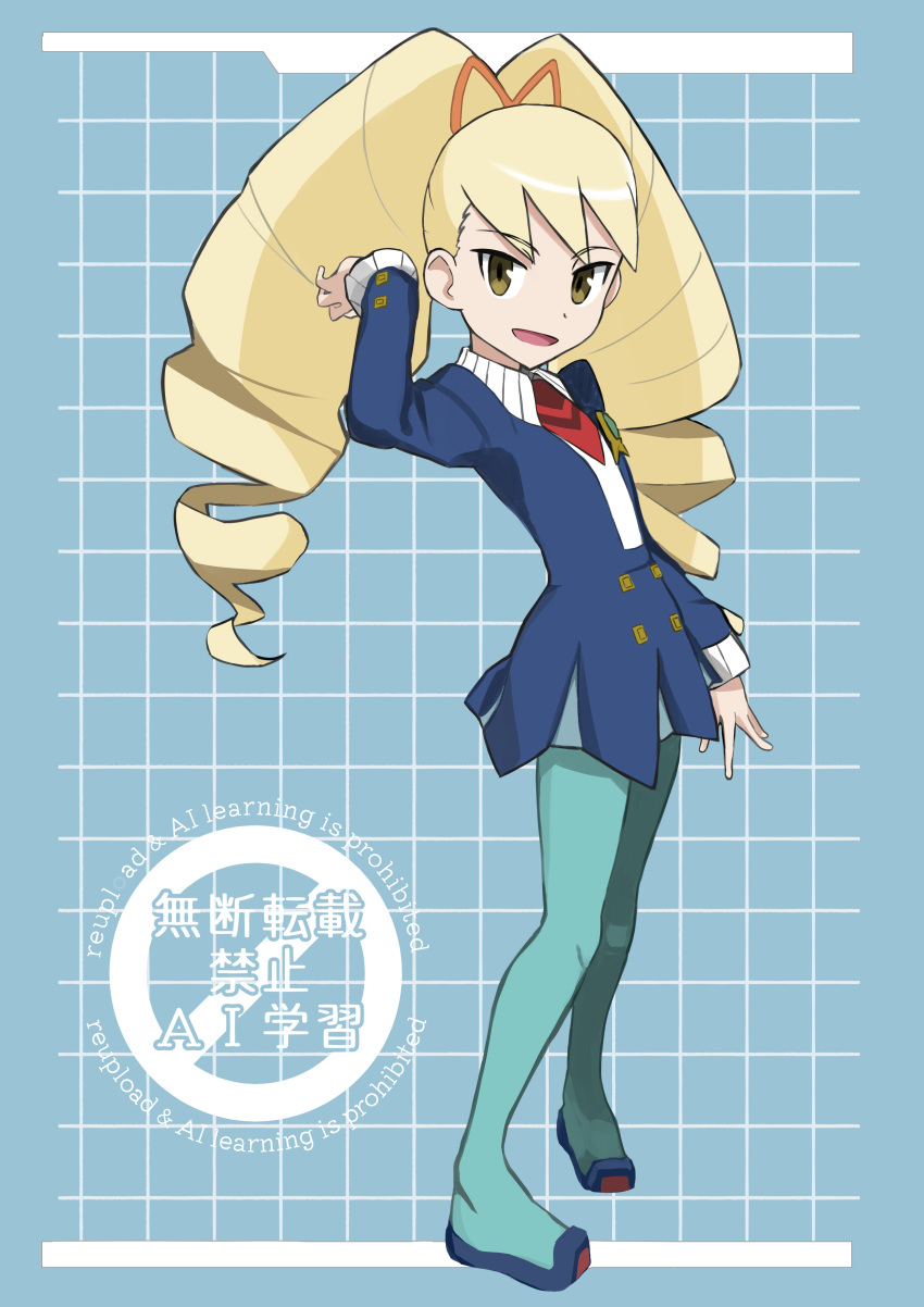 1girl, :d, absurdres, aqua_pantyhose, blonde_hair, blue_dress, brown_eyes, dress