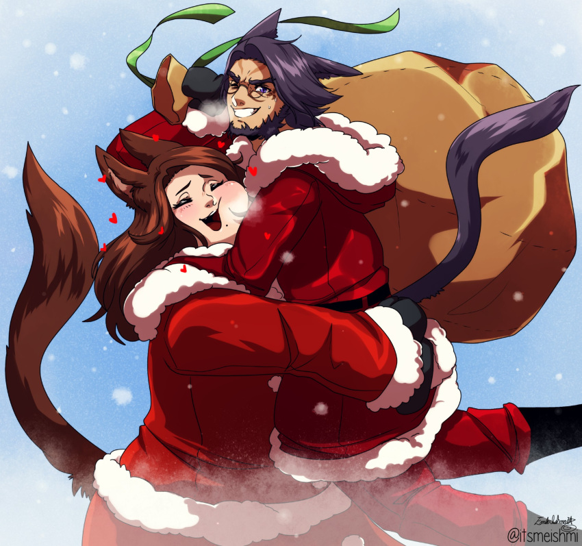 1boy, 1girl, animal_ears, black_hair, blue_background, bluesky_username, brown_eyes, cat_boy