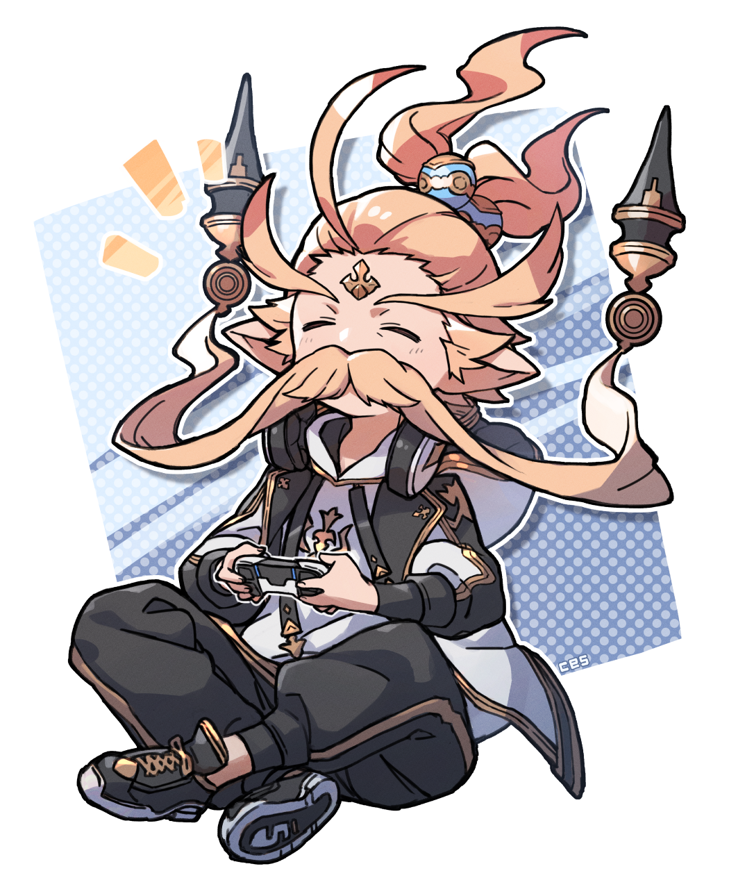 1boy, anre_(granblue_fantasy), black_footwear, black_jacket, black_pants, closed_eyes, controller, facial_hair
