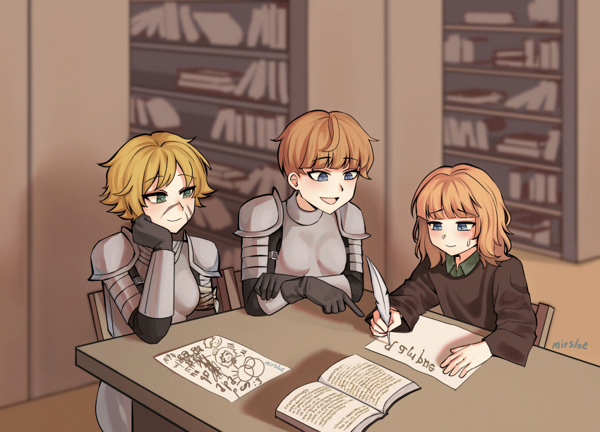 3girls, absurdres, amputee, armor, artist_name, bandaged_arm, bandages, blonde_hair