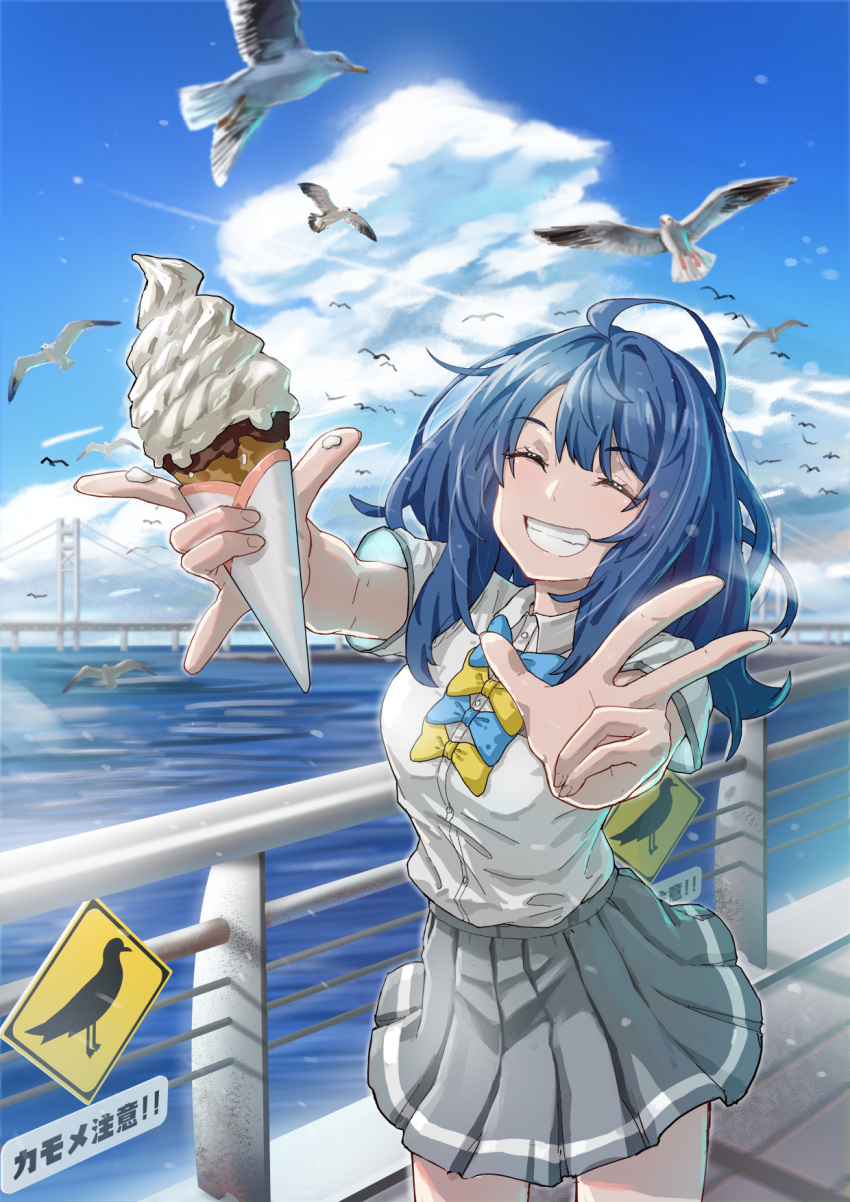 1girl, ahoge, bird, blue_bow, blue_bowtie, blue_hair, bow, bowtie