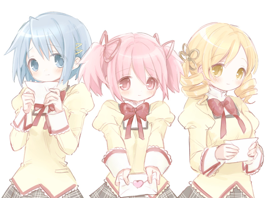 3girls, blonde_hair, blue_eyes, blue_hair, blush, bow, bowtie, closed_mouth