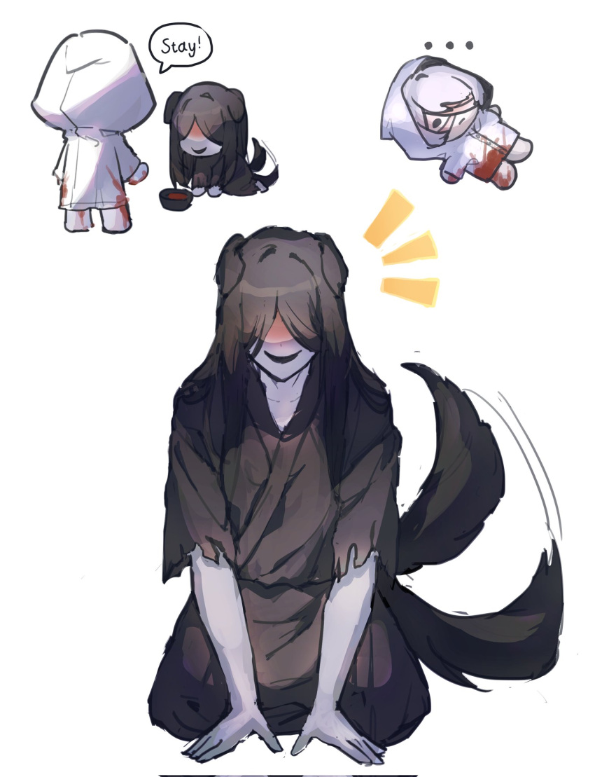 1boy, 1girl, animal_ears, black_hair, black_kimono, blood, blood_on_clothes, blood_on_face