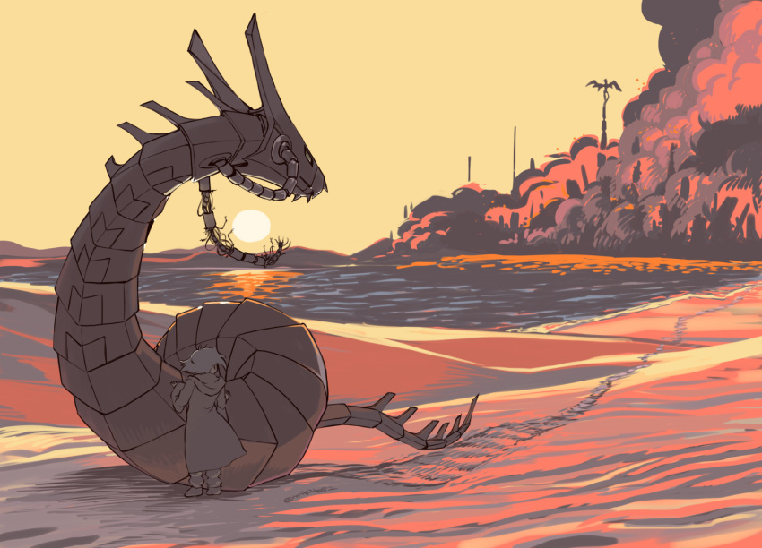 1boy, beach, burning, cable, closed_mouth, coat, cyber_dragon, duel_monster, facing_away, limited_palette, male_focus, marufuji_sho, moiko, ocean, outdoors, pants, shoes, sun, twitter_username, yu-gi-oh!, yu-gi-oh!_gx