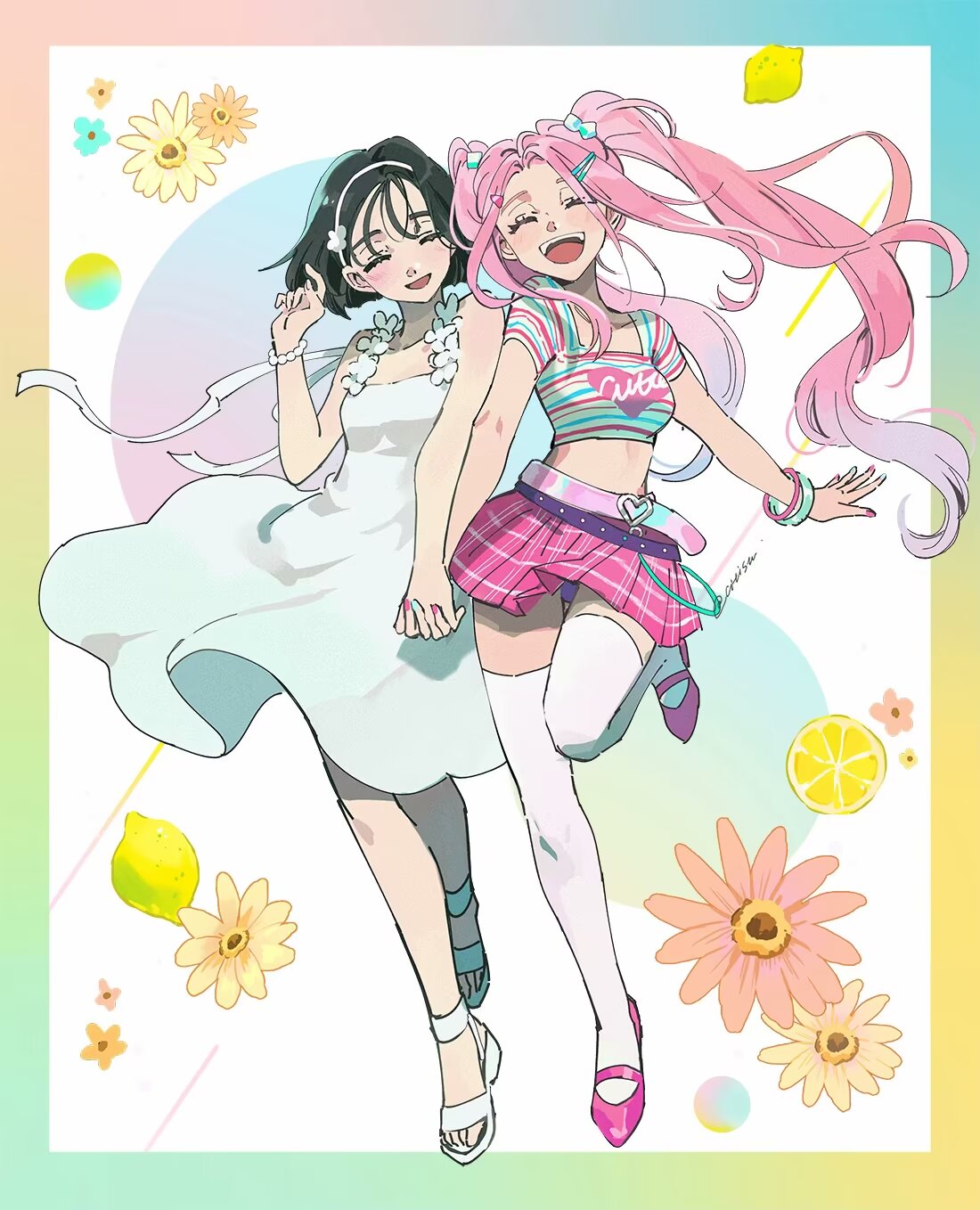 2girls, alien_stage, alternate_costume, aqua_nails, bare_shoulders, belt, black_hair, bob_cut