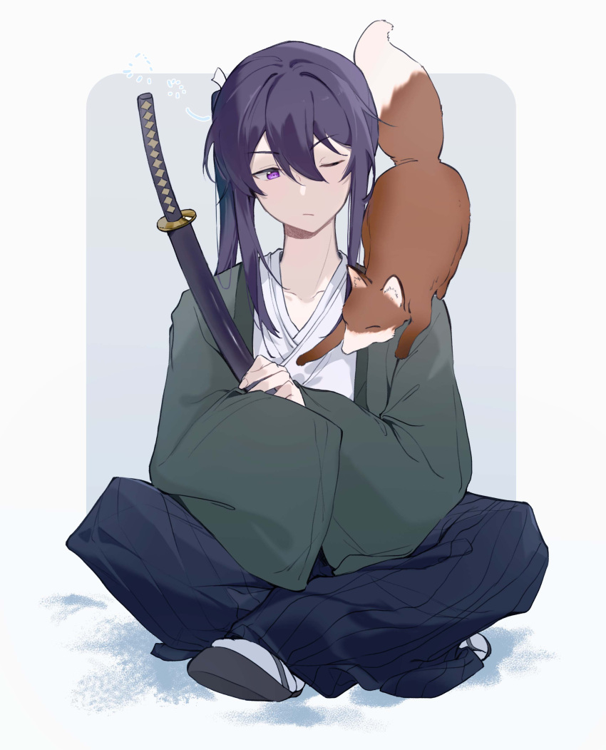 1boy, absurdres, animal_on_shoulder, blue_hakama, border, closed_mouth, collarbone, doui