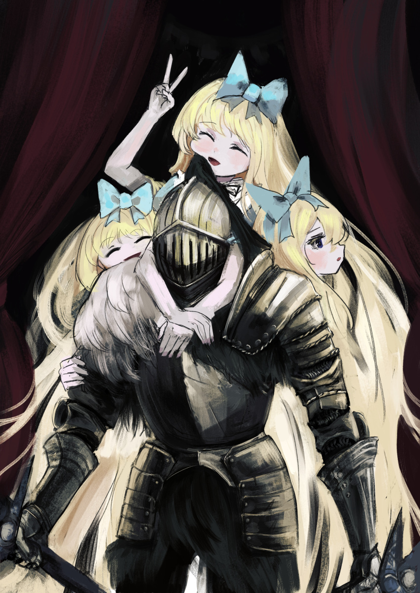 1boy, 3girls, :d, absurdres, alice_(black_souls), armor, black_background, black_souls
