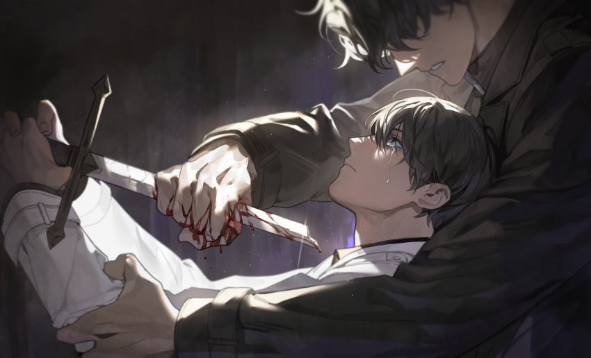 2boys, attempted_suicide, bab_du_666, black_coat, black_eyes, black_hair, black_shirt, blood, blood_on_hands, blood_on_weapon, broken, broken_sword, broken_weapon, coat, crying, hand_on_another's_arm, hand_on_blade, highres, holding, holding_sword, holding_weapon, kim_dokja, long_sleeves, looking_at_another, male_focus, multiple_boys, omniscient_reader's_viewpoint, shirt, short_hair, sword, very_short_hair, weapon, white_coat, yoo_joonghyuk