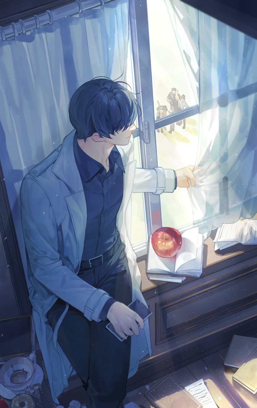 3boys, 3girls, absurdres, apple, bab_du_666, black_hair, black_pants, black_shirt
