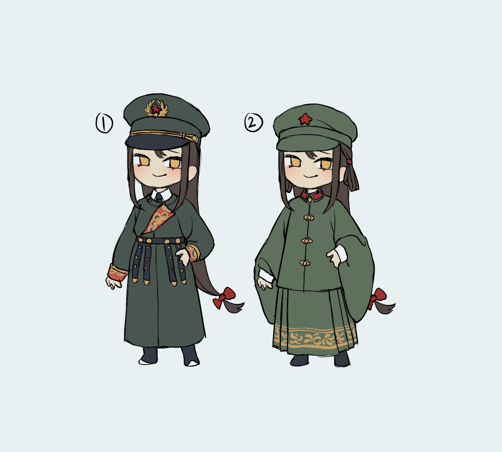 aoqun, black_footwear, bow, brown_hair, china_(kuroussa), chinese_clothes, contemporary_traditional_clothes, green_hanfu