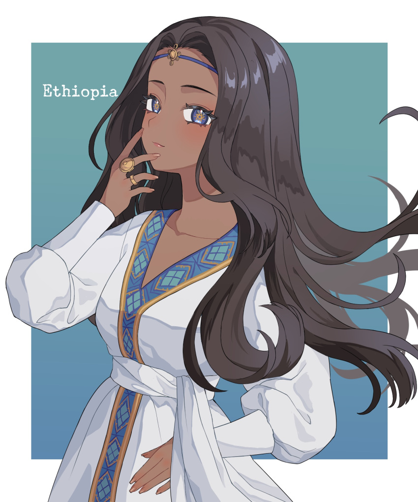 1girl, blue_eyes, breasts, brown_hair, collarbone, dark-skinned_female, dark_skin, dress, ethiopia, ethiopian_clothes, floating_hair, highres, jewelry, kuroussa, long_hair, medium_breasts, original, personification, ring, sash, solo, star-shaped_pupils, star_(symbol), symbol-shaped_pupils, upper_body, white_dress, white_sash