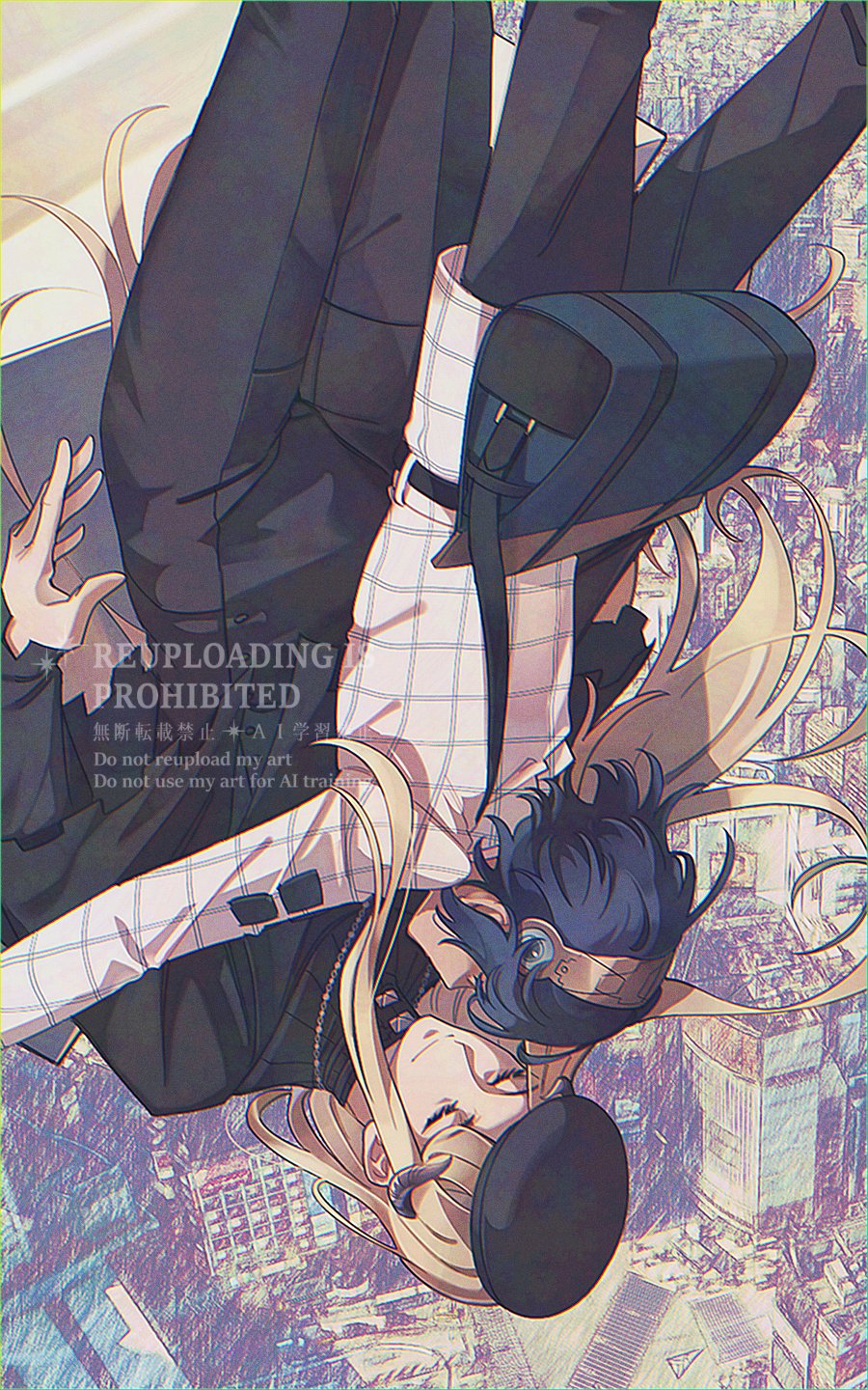 2boys, black_pants, blonde_hair, blue_hair, closed_eyes, coat, dark-skinned_male, dark_skin