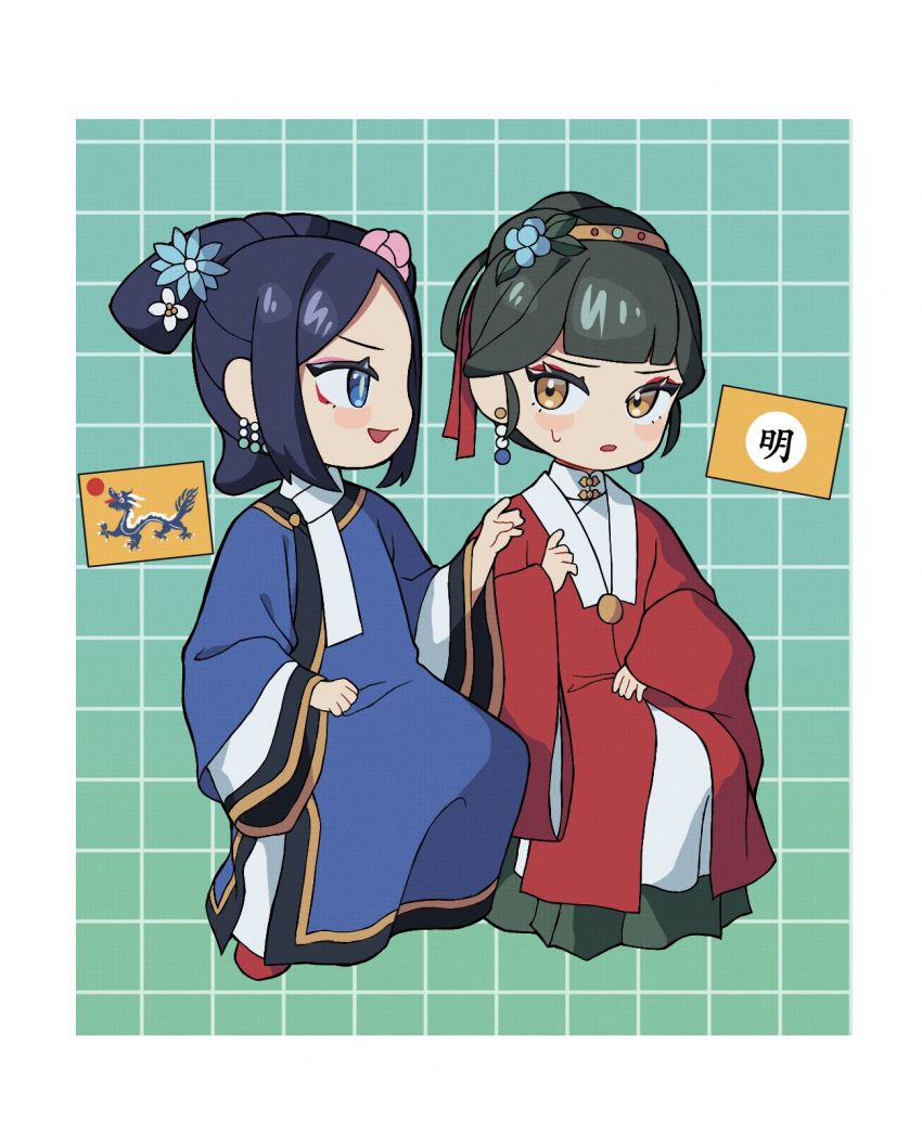 2girls, aoqun, beizi_(clothing), black_hair, blue_eyes, china_(kuroussa), chinese_clothes, earrings