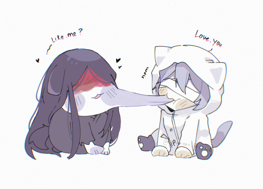 1boy, 1girl, animal_ears, biting, biting_cheek, black_hair, black_kimono, blood