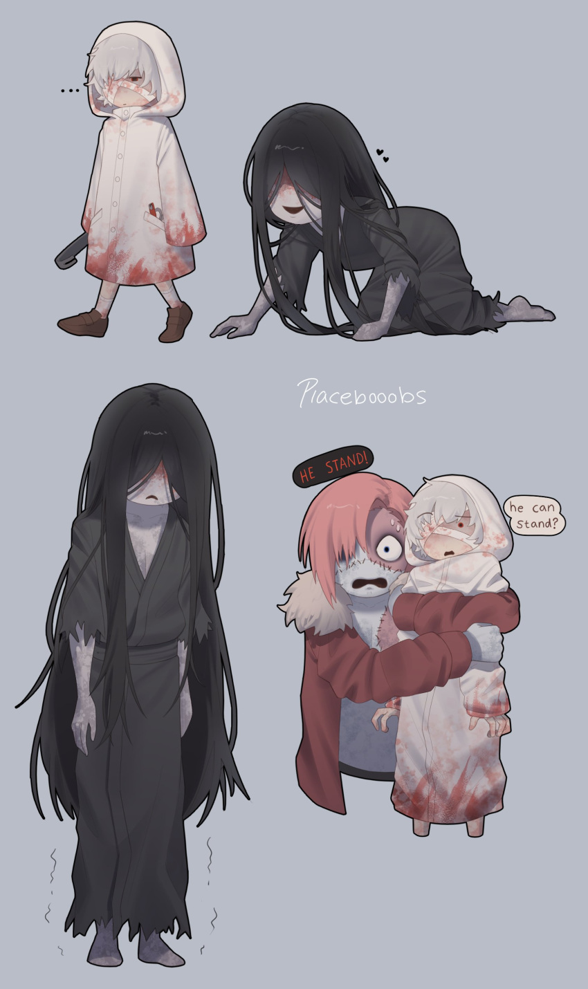 1girl, 2boys, absurdres, black_hair, black_kimono, blood, blood_on_clothes, blood_on_face