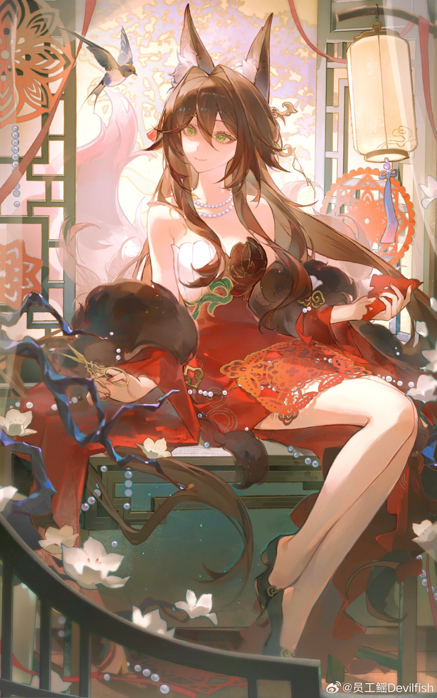 1girl, absurdres, animal_ears, bare_legs, bare_shoulders, beads, bird, black_footwear