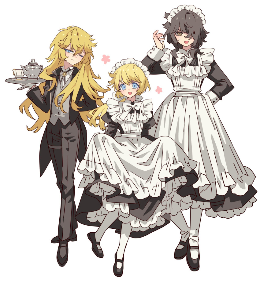 1boy, 2girls, alternate_costume, andre_grandier, apron, black_dress, black_footwear, black_hair