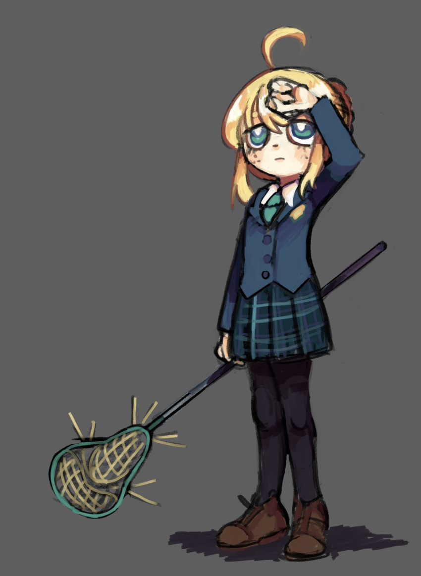 1girl, ahoge, alternate_costume, aqua_necktie, artoria_pendragon_(fate), black_pantyhose, blonde_hair, blue_jacket