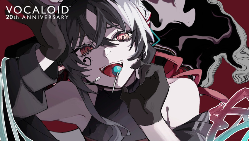 1girl, anniversary, bare_shoulders, bass_clef, black_gloves, black_hair, black_shirt, candy