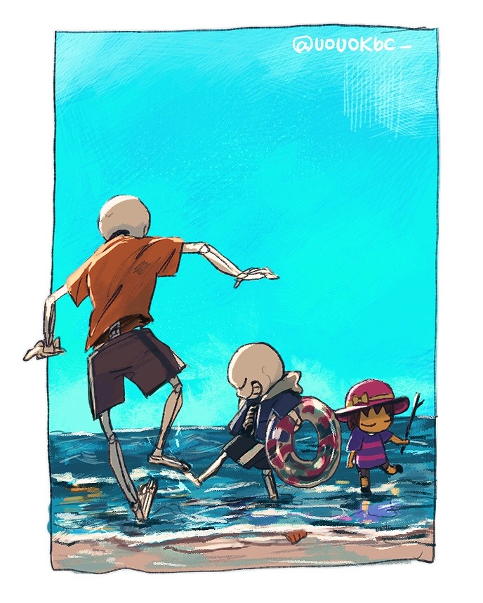 1other, 2017, 2boys, 2d, alternate_costume, ambiguous_gender, back, barefoot, beach, black_shorts, blue_jacket, blue_shirt, boots, border, brothers, brown_hair, brown_shorts, child, day, digital_media, foot_up, frisk_(undertale), full_body, hat, height_difference, holding, holding_innertube, holding_stick, holding_swim_ring, human, humanoid, innertube, jacket, male, monster, monster_boy, multiple_boys, ocean, orange_shirt, outdoors, outside_border, papyrus_(undertale), sans_(undertale), shirt, short_hair, shorts, siblings, skeleton, sky, slippers, stick, striped, striped_shirt, striped_shorts, summer, swim_ring, teeth, trio, undead, undertale, uoya-0670, water, white_border, white_stripes