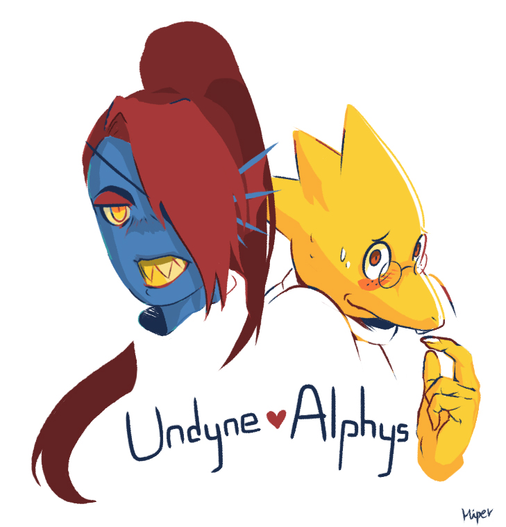 2016, 2d, 2girls, alphys, anthro, artist_name, black_eyepatch, blue_skin