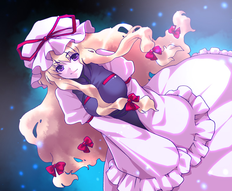 blonde_hair, bow, dress, hat, long_hair, payot, purple_eyes, ribbon