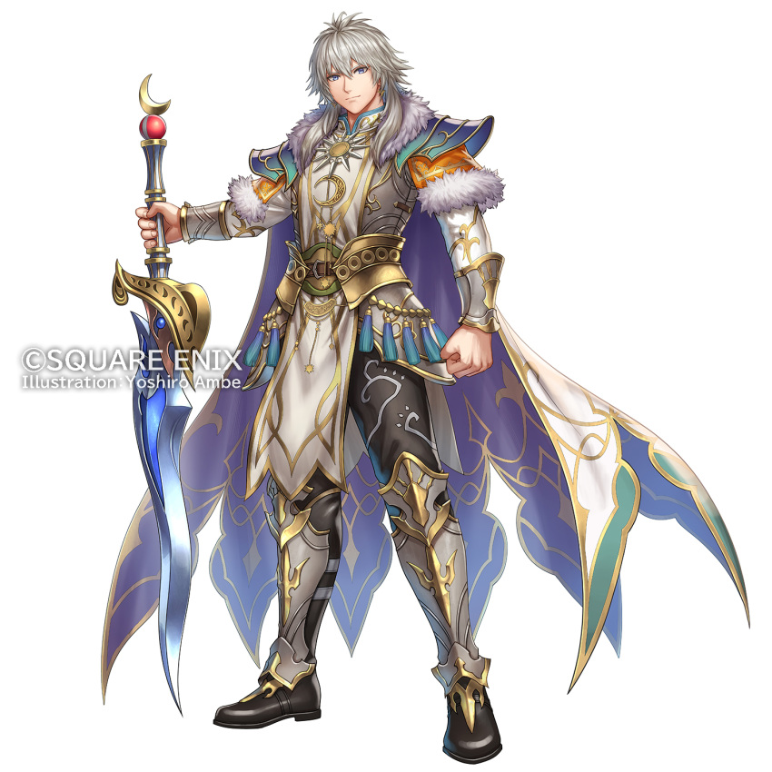 1boy, anbe_yoshirou, armored_boots, artist_name, black_leggings, blue_eyes, boots, cape