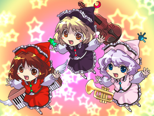 blonde_hair, blush, brown_hair, chibi, crescent, dress, fang, happy