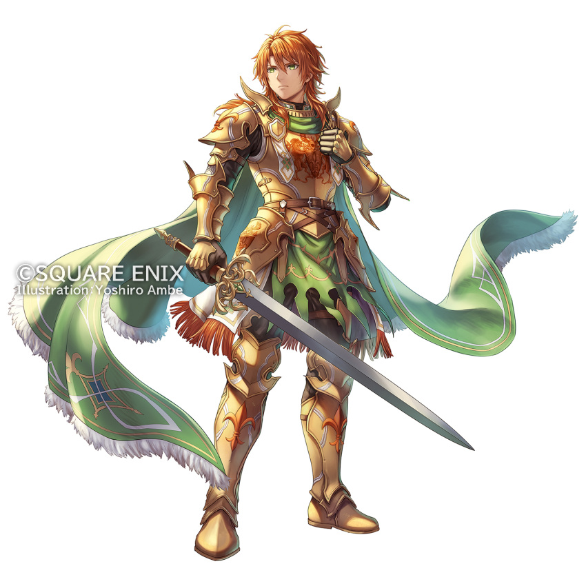 1boy, anbe_yoshirou, armor, artist_name, cape, closed_mouth, commentary_request, copyright_notice