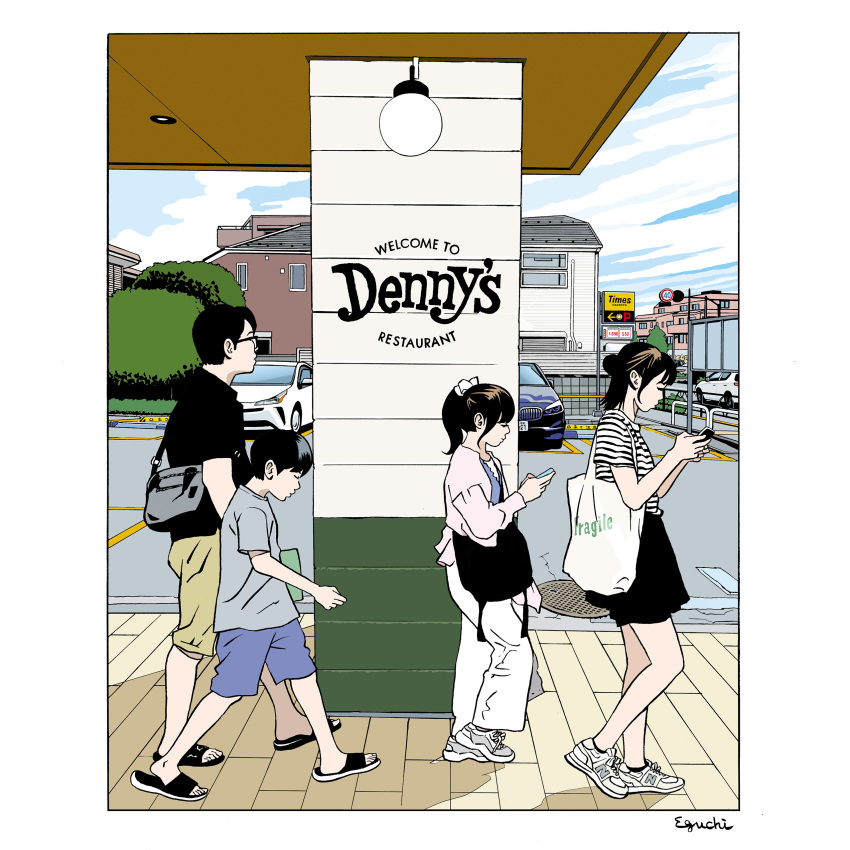 2boys, 2girls, absurdres, black_hair, black_skirt, blue_shorts, border, building
