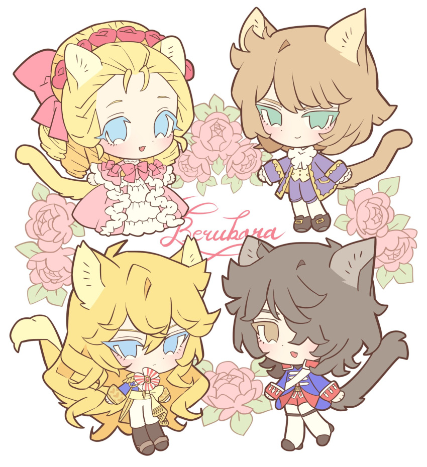 2boys, 2girls, andre_grandier, animal_ears, black_hair, blonde_hair, blue_eyes, brown_hair