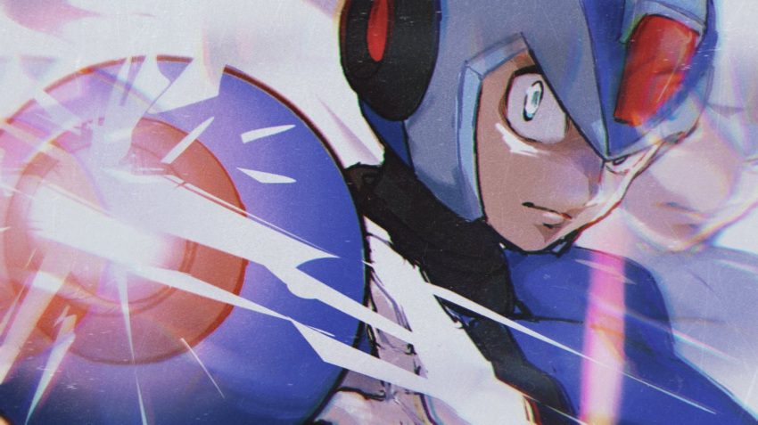 1boy, afterimage, aiming, aiming_at_viewer, arm_cannon, armor, blue_armor, blue_helmet, forehead_jewel, helmet, lemon_inu, male_focus, mega_man_(series), mega_man_x_(series), powering_up, solo, upper_body, weapon, x_(mega_man)