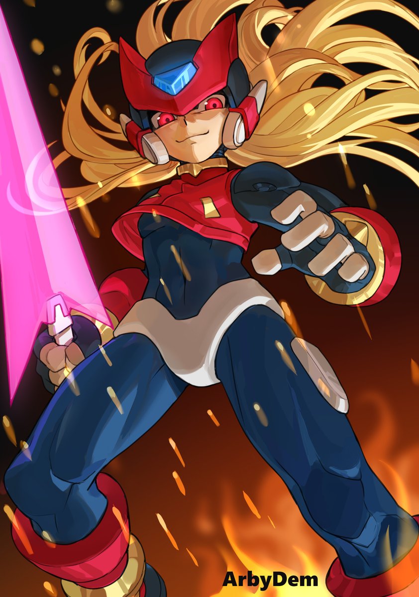 1boy, armor, bi_51334, blonde_hair, energy_sword, feet_out_of_frame, fire, forehead_jewel