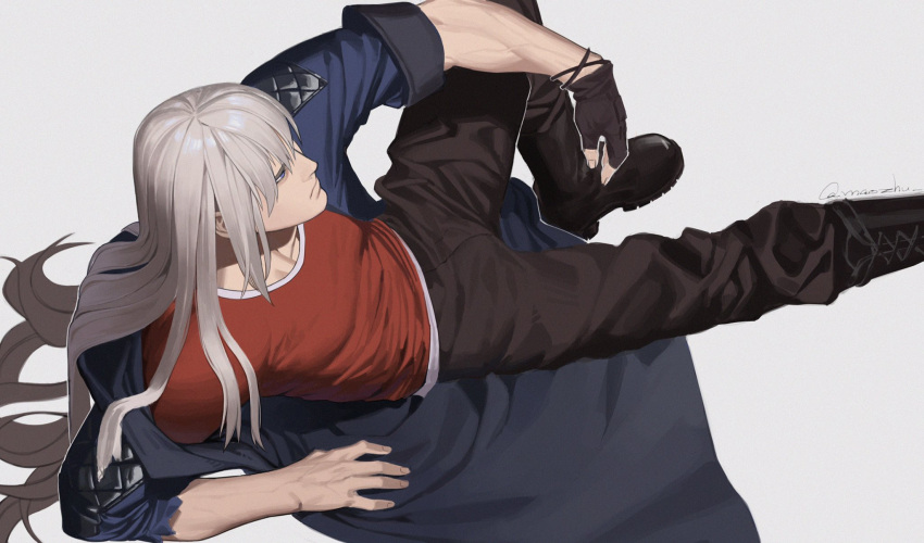 1boy, alternate_hair_length, alternate_hairstyle, arm_support, black_footwear, black_pants, blue_coat, blue_eyes, boots, closed_mouth, coat, commentary_request, crew_neck, cross-laced_footwear, devil_may_cry_(series), devil_may_cry_5, elbow_on_leg, hair_between_eyes, highres, long_hair, looking_ahead, lying, male_focus, maozhu, nero_(devil_may_cry), on_side, open_clothes, open_coat, pants, red_shirt, shirt, signature, simple_background, sleeve_cuffs, solo, t-shirt, veins, veiny_arms, very_long_hair, white_background, white_hair