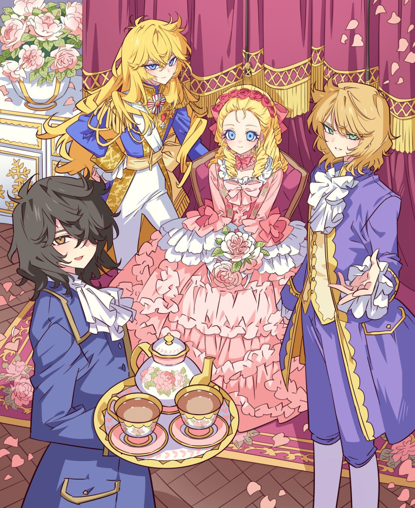 2boys, 2girls, andre_grandier, ascot, black_hair, blonde_hair, blue_eyes, blue_jacket