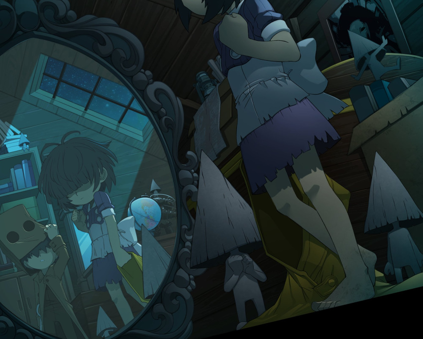 1boy, 1girl, alternate_costume, attic, bag_on_head, barefoot, big_daddy_(bioshock), bioshock_(series), black_hair, bleedman, book, box, cardboard_box, child, coat, commentary, dirty, dirty_feet, dress, english_commentary, feet, figure, globe, hair_over_eyes, highres, indoors, little_nightmares_ii, mirror, mono_(little_nightmares), nome_(little_nightmares), portable_stove, reflection, six_(little_nightmares), skylight, unworn_coat, wooden_wall, yellow_coat