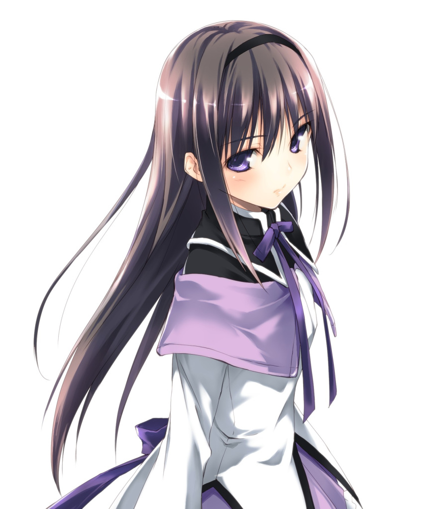 akemi_homura, black_hair, blush, capelet, face, hairband, highres, kikurage