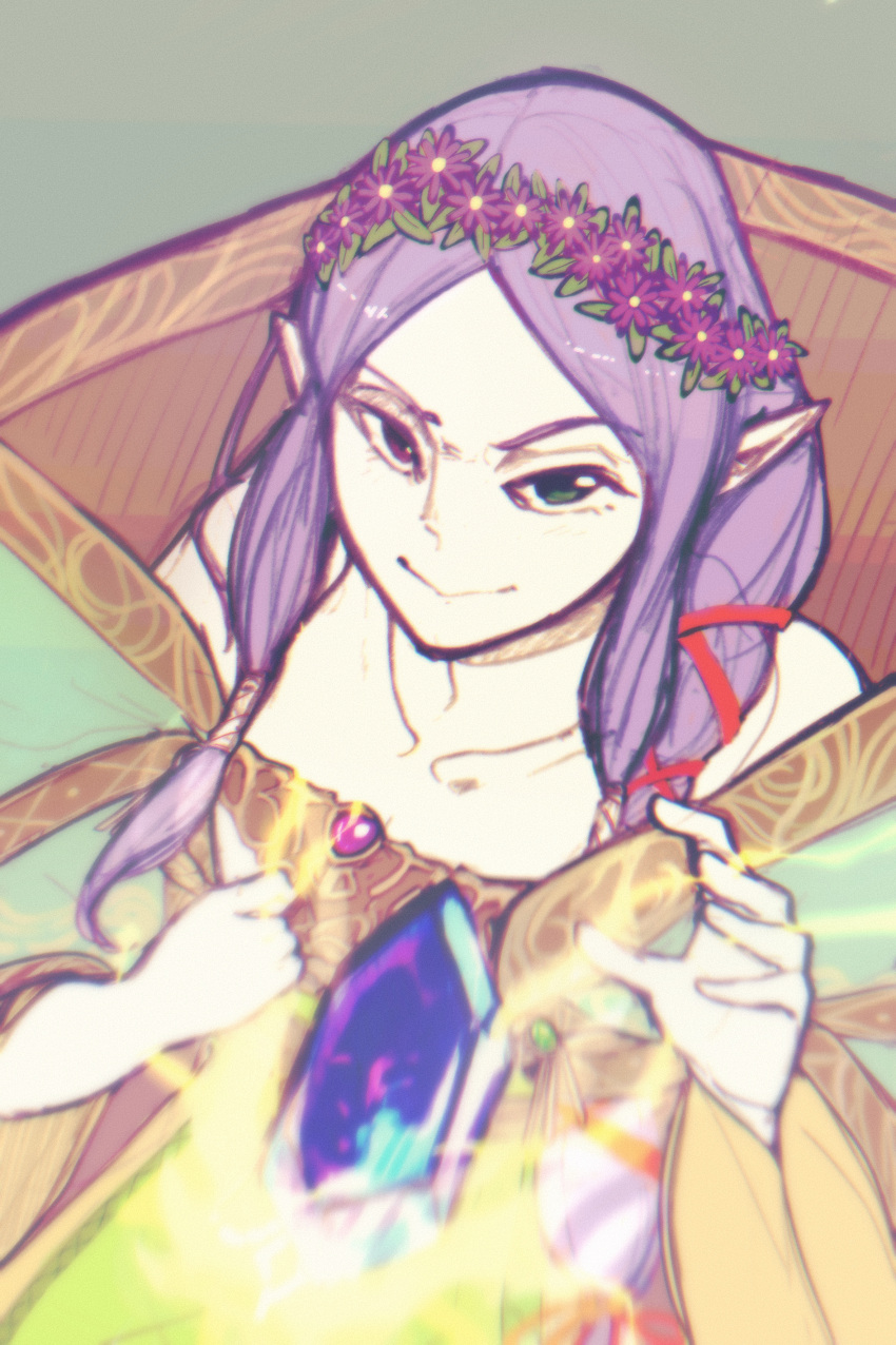 1girl, absurdres, aura, bare_shoulders, braid, collarbone, dragonstone, dress