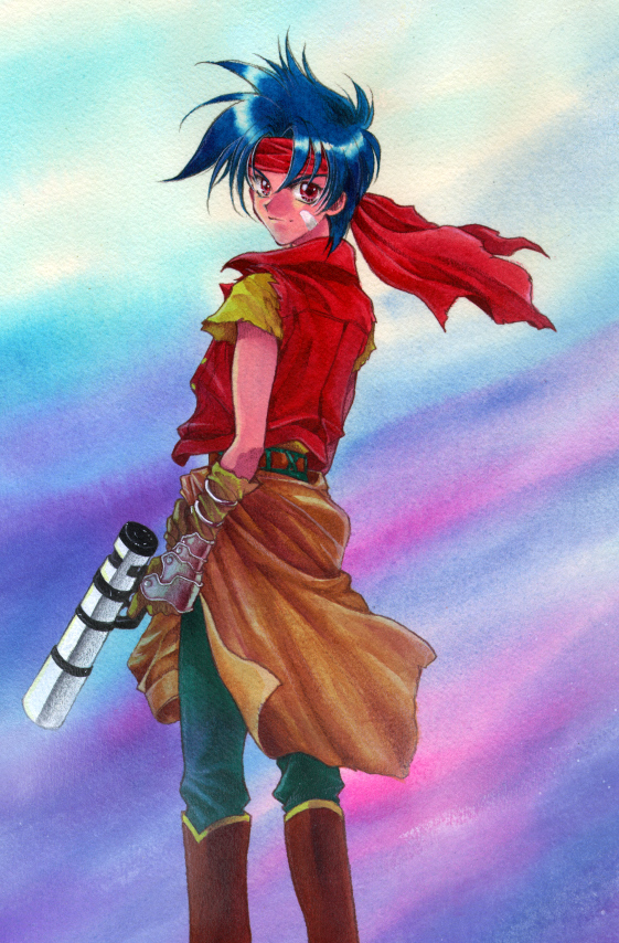 ahoge, blue_hair, boots, gloves, gun, headband, male, pants, red_eyes, rody_roughnight, rudy_roughnight, short_hair, shuri_yasuyuki, smile, solo, vest, weapon, wild_arms, wild_arms_1, wild_arms_alter_code_f, yasuyuki_syuri
