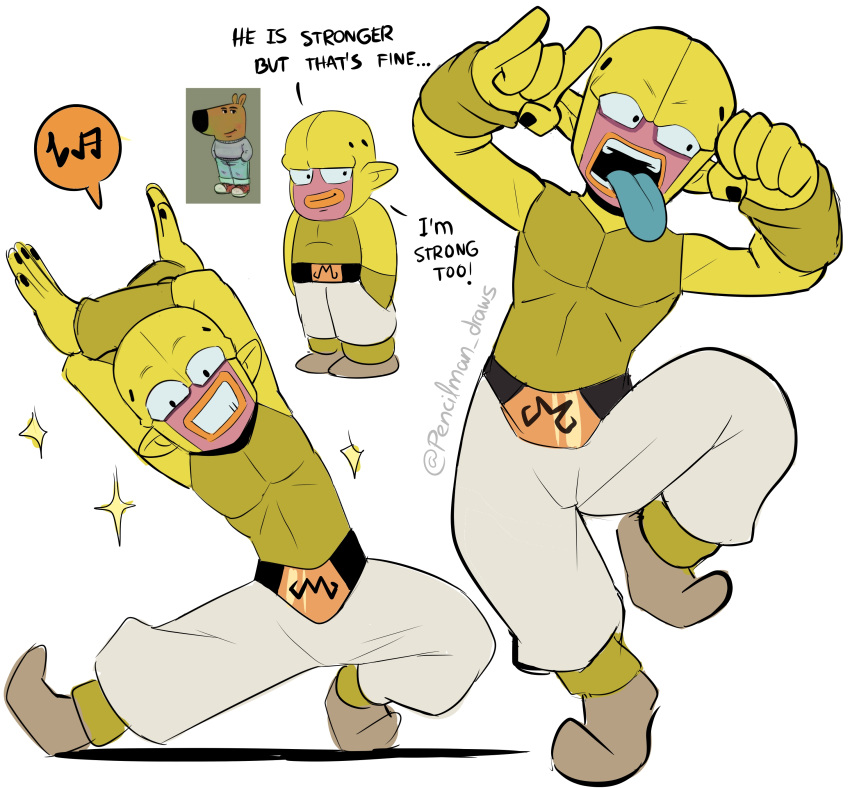 1boy, absurdres, belt, blue_tongue, colored_skin, colored_tongue, dancing, dragon_ball, dragon_ball_daima, green_skin, hands_in_pockets, highres, just_a_chill_guy_(meme), majin_kuu, meme, musical_note, pants, pencilman_draws, pointy_ears, purple_skin, smile, sparkle, spoken_musical_note, tongue, tongue_out
