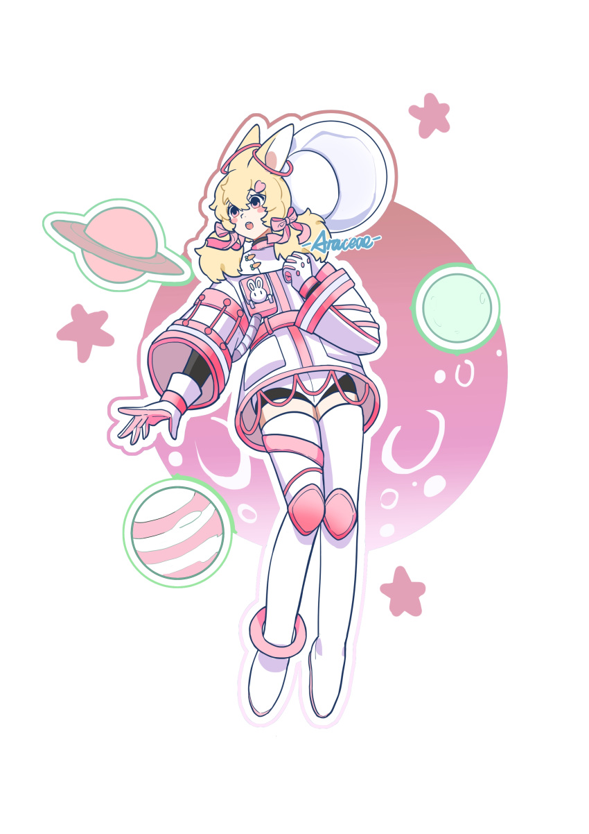1girl, absurdres, animal_ears, anklet, artist_name, astronaut, blonde_hair, boots, bow, empty_eyes, feiren_zai, floating, full_body, gloves, hair_bow, helmet, highres, jewelry, low_twintails, open_mouth, planet, rabbit_ears, solo, space_helmet, spacesuit, star_(symbol), thigh-highs, twintails, xiaoyu_(feiren_zai), yizhu_tiannanxing_zhiwu