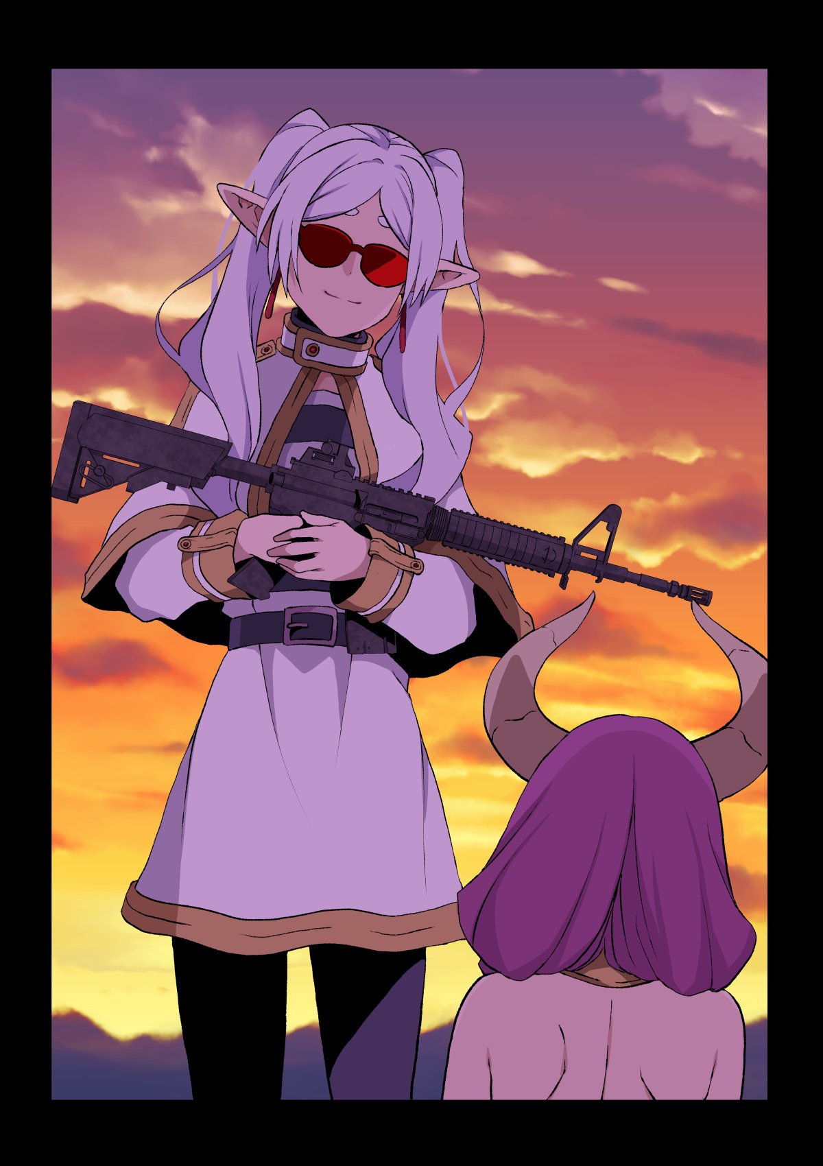 2girls, anachronism, assault_rifle, aura_(sousou_no_frieren), black_border, black_pantyhose, blurry, blurry_background