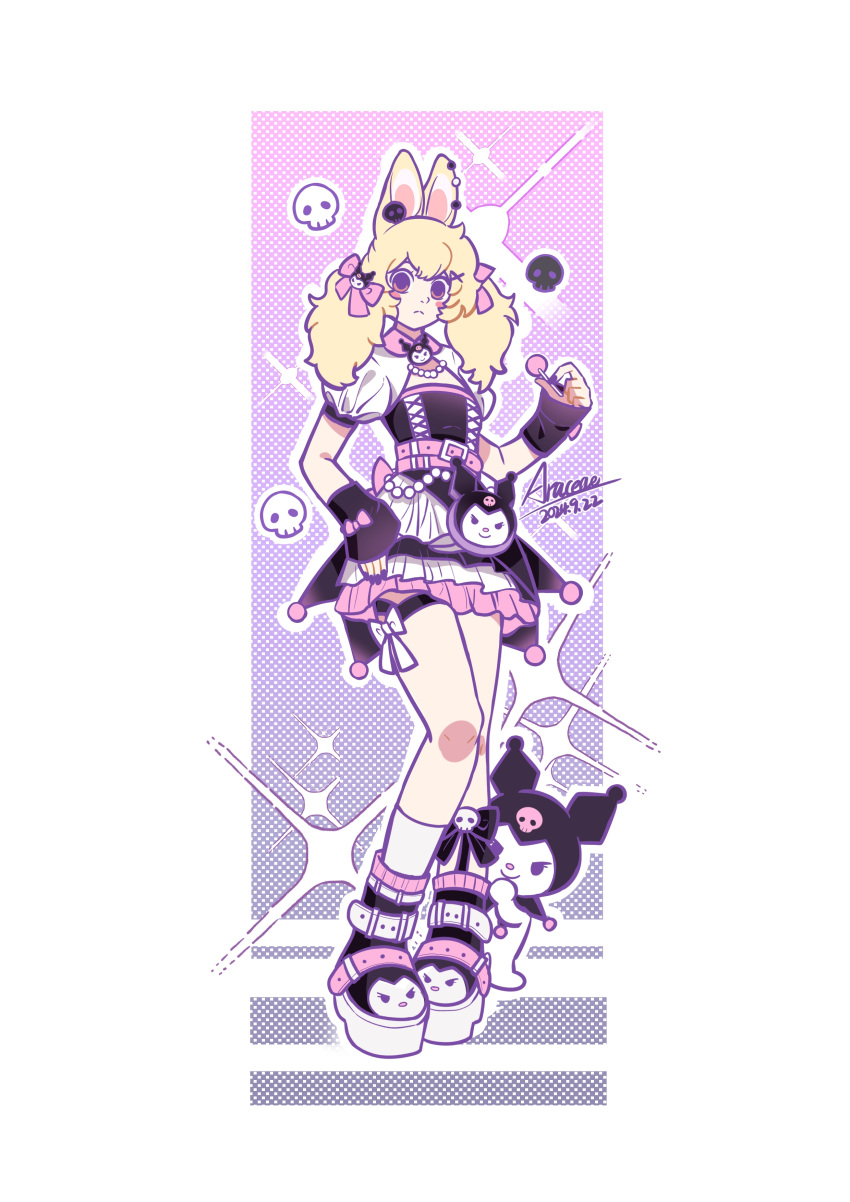1girl, absurdres, alternate_costume, animal_ear_piercing, animal_ears, black_dress, black_gloves, blonde_hair