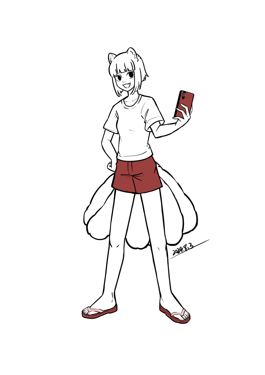 1girl, absurdres, animal_ears, cellphone, dated, empty_eyes, feiren_zai, flip-flops