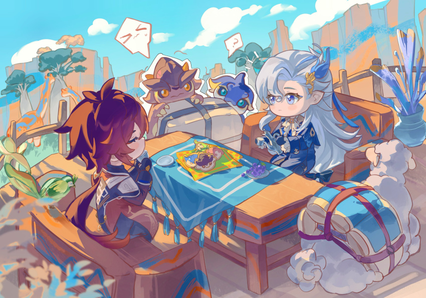 2boys, ?, absurdres, alpaca, antenna_hair, ascot, asymmetrical_bangs, bird, black_gloves, blue_bow, blue_coat, blue_eyes, blue_gloves, blue_hair, blue_sky, bow, brown_coat, brown_hair, chair, chibi, closed_eyes, closed_mouth, clouds, coat, cookie, cup, day, eksi_(kriixx), fence, food, frilled_sleeves, frills, fruit, genshin_impact, gloves, gradient_hair, grapes, hair_between_eyes, hair_bow, hair_ornament, hashtag-only_commentary, highres, holding, holding_cup, holding_teapot, koholasaurus_(genshin_impact), long-necked_rhino_(genshin_impact), long_hair, looking_at_another, low-tied_long_hair, low_ponytail, male_focus, mountain, multicolored_hair, multiple_boys, napkin, neuvillette_(genshin_impact), on_chair, outdoors, parted_bangs, plant, pointy_ears, ponytail, qucusaurus_(genshin_impact), sidelocks, sitting, sky, sleeve_cuffs, speech_bubble, spoken_expression, spoken_question_mark, streaked_hair, table, tablecloth, tassel, teapot, tepetlisaurus_(genshin_impact), tree, vase, very_long_hair, white_ascot, white_hair, wooden_fence, yumkasaurus_(genshin_impact), zhongli_(genshin_impact)
