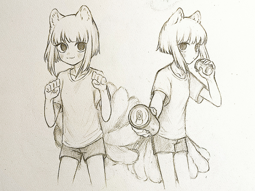 01ao_aowu, 2girls, animal_ears, can, drink_can, empty_eyes, feiren_zai, fox_ears, fox_tail, graphite_(medium), highres, jiuyue_(feiren_zai), lineart, looking_at_viewer, monochrome, multiple_girls, multiple_tails, shirt, short_hair, shorts, sketch, t-shirt, tail, traditional_media