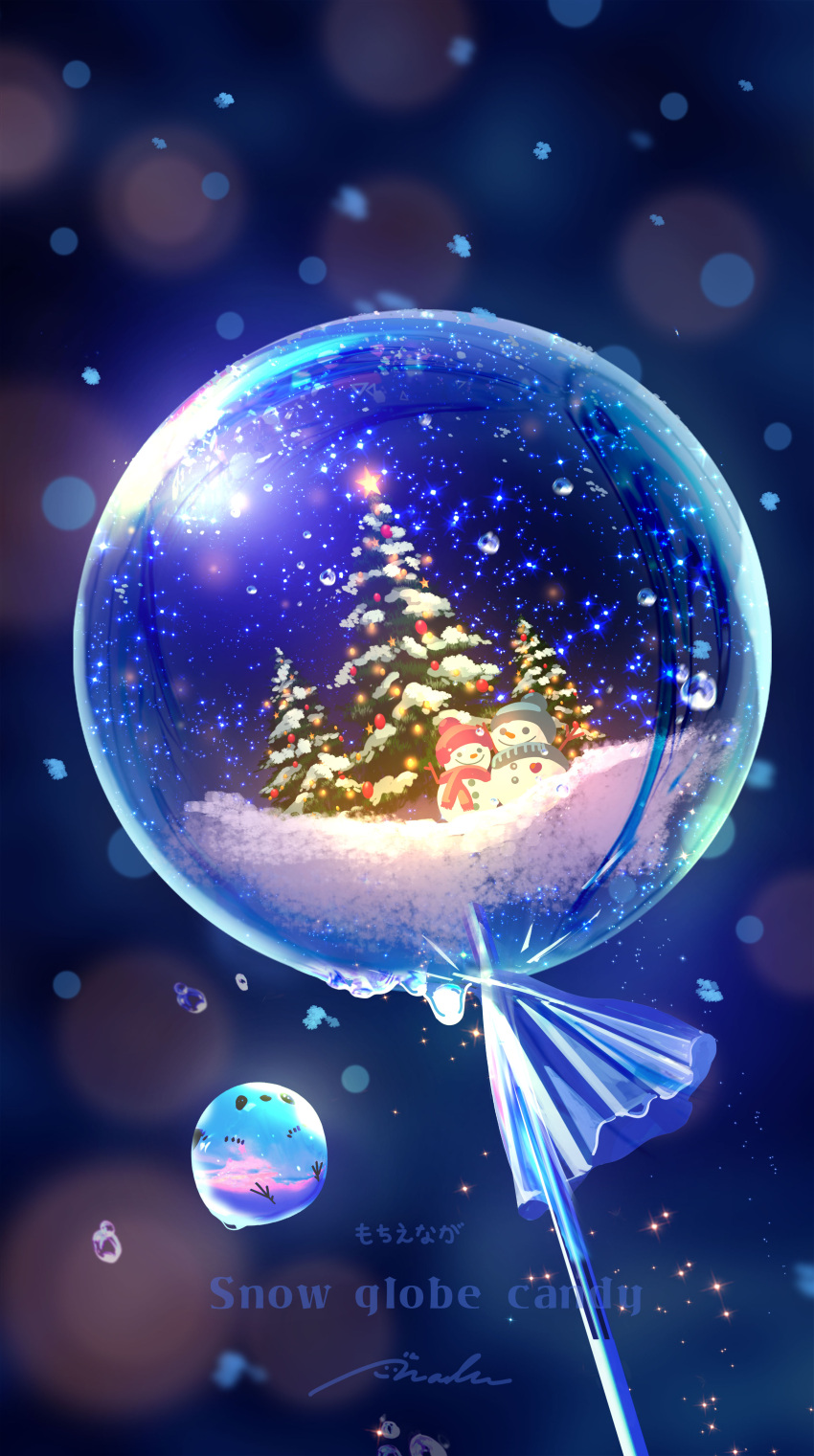 absurdres, bird, candy, christmas, christmas_tree, christmas_tree_ornament, food, highres, lollipop, makoron117117, no_humans, original, sky, snow_globe, snowman, star_(sky), star_(symbol), starry_sky