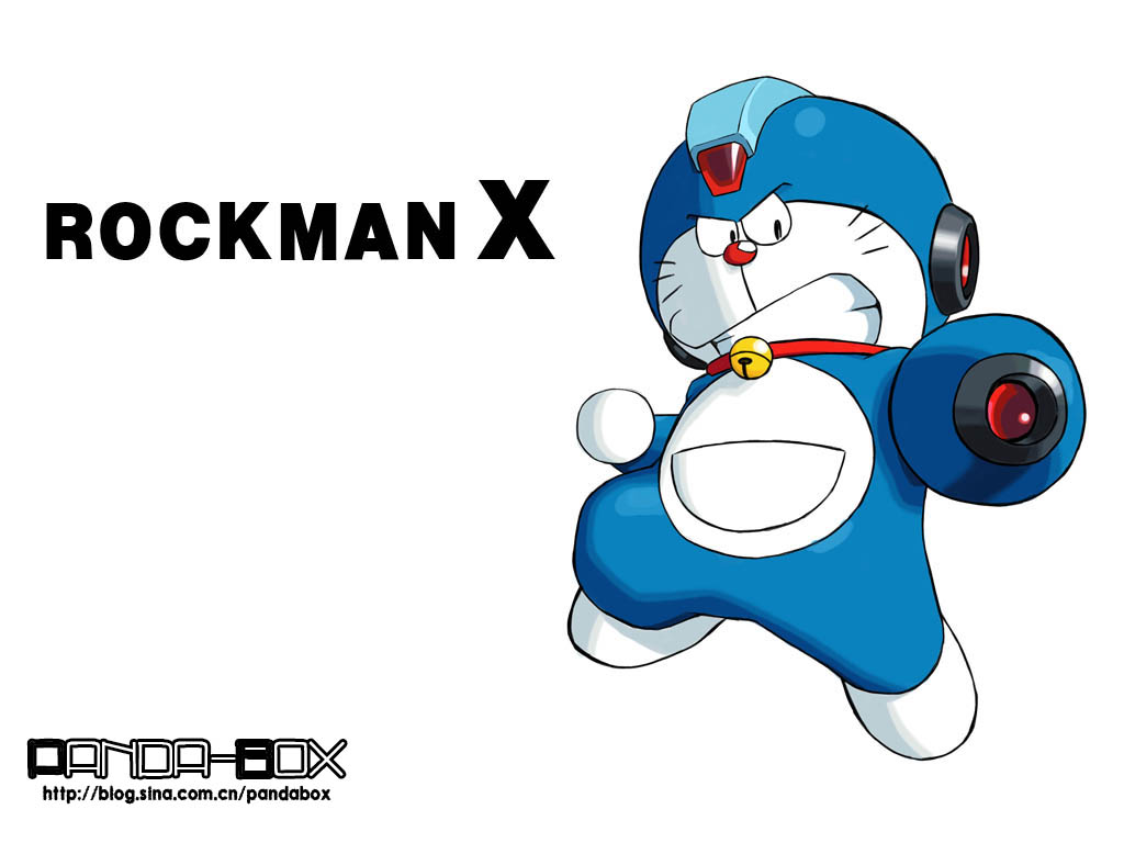 artist_name, copyright_name, cosplay, doraemon, doraemon_(character), english_text, full_body, grin, logo, looking_at_viewer, mega_man_(character), mega_man_(character)_(cosplay), mega_man_(series), mega_man_x_(series), pandabox, parody, simple_background, smile, solo, watermark, white_background